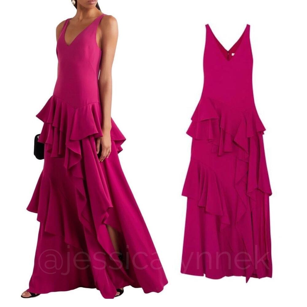 Halston Sleeveless V-Neck Tiered Ruffle Leg Slit Maxi Dress Gown Berry Pink - 0